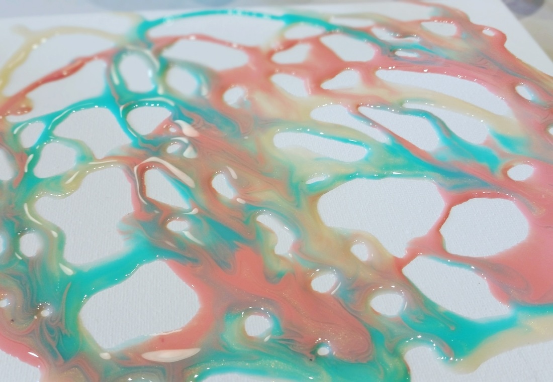 Teal, Gold, Coral Acrylic Pour Painting